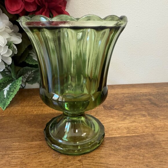 Vintage Indiana Glass Avocado Green Flared Pedestal Compote Vase Ribbed Bowl - Picture 5 of 5